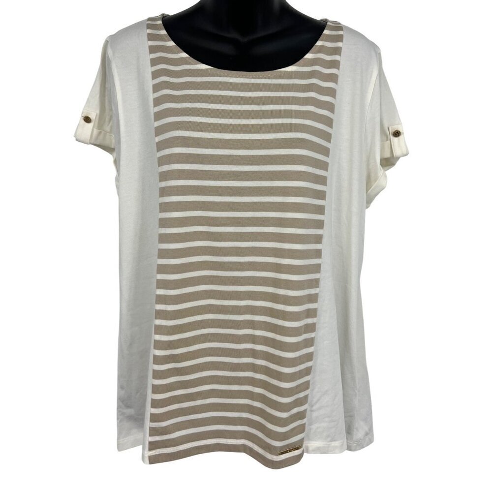 Anne Klein Women Blouse Top XL Stripe White Tan Khaki Short Sleeve Scoop New